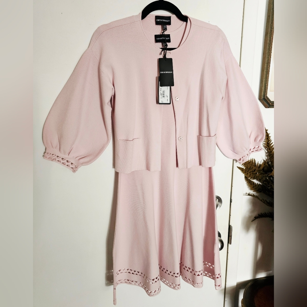 NWT Emporio Armani Girls Pink Knit Laser Cut Balloon Sleeve Cardigan Size 12A